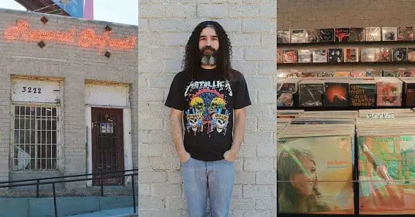 Collage of Record Safari in Los Angeles: neon-lit exterior, owner portrait, and bins of vintage records inside.
